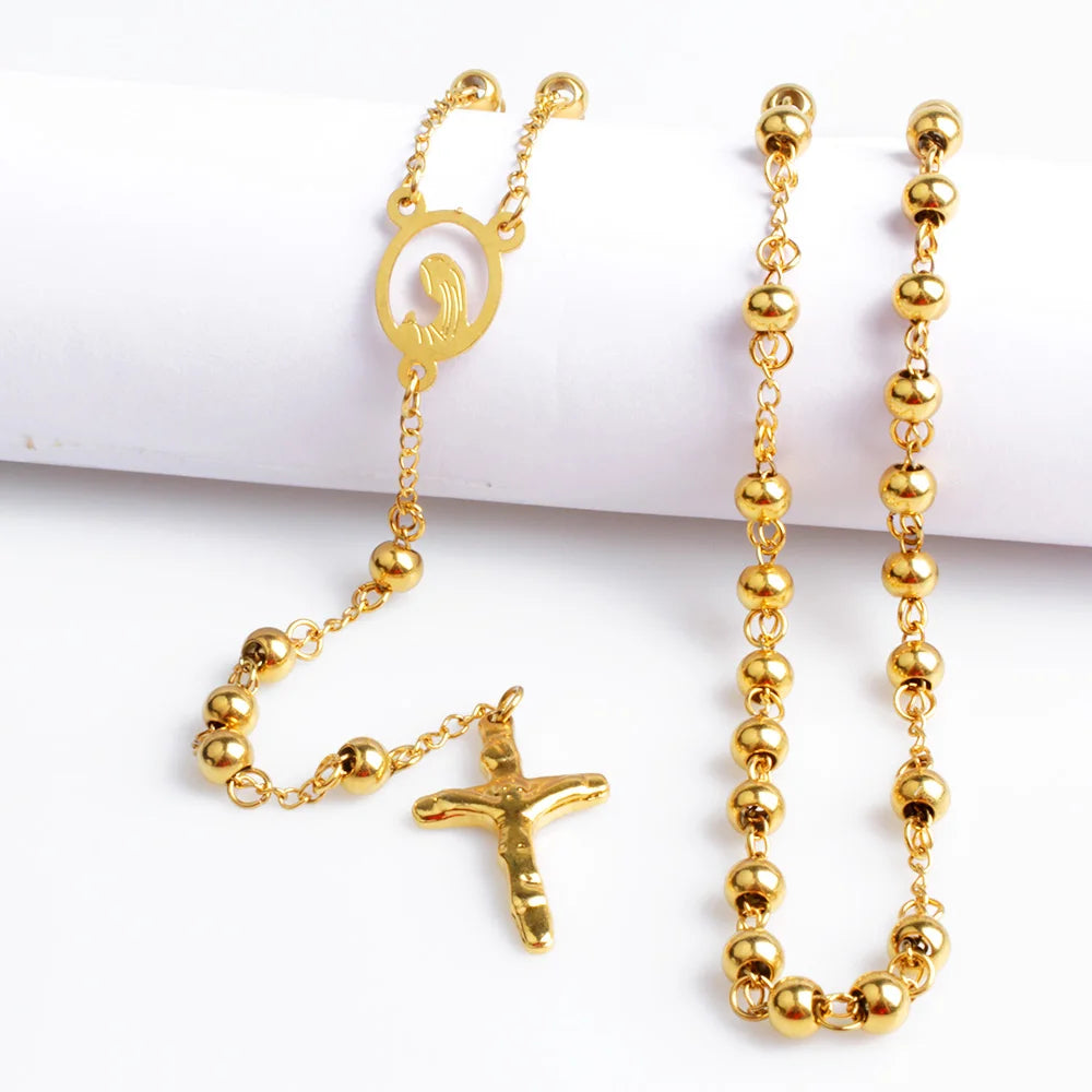 Terço de Colar Cruz em Aço Inoxidável 18K