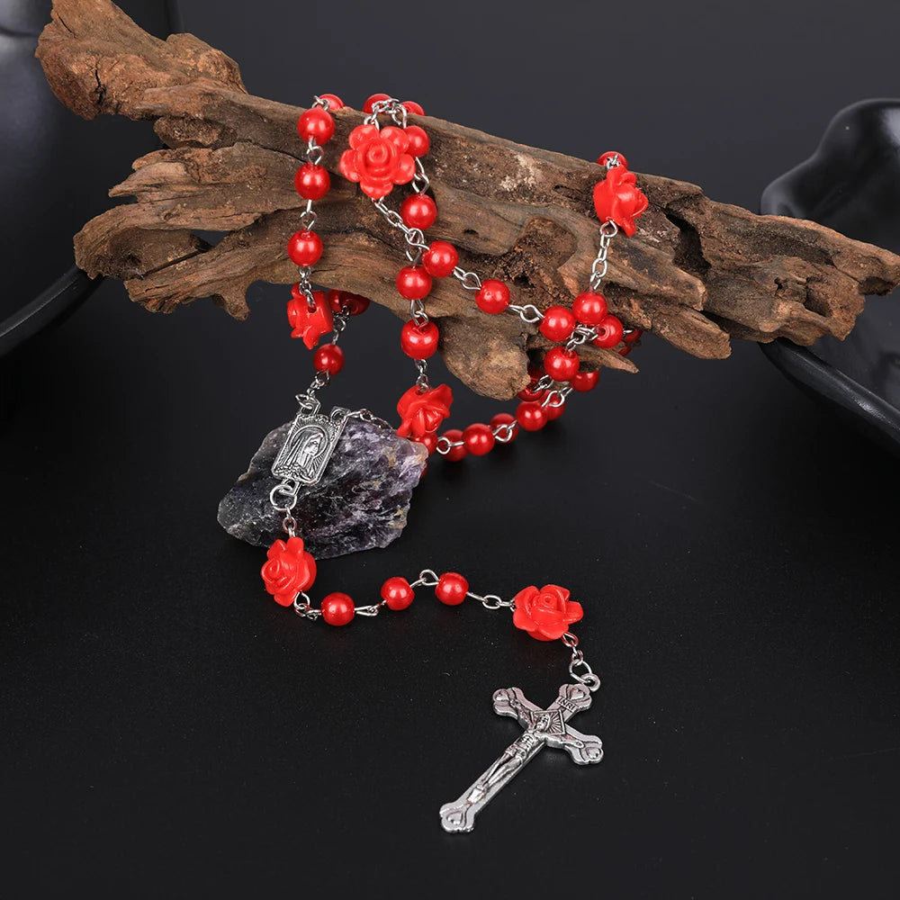 Rosário católico contas rosário colar cristão orando 6mm contas de pérola longa corrente y cruz pingente para mulheres religioso jóias