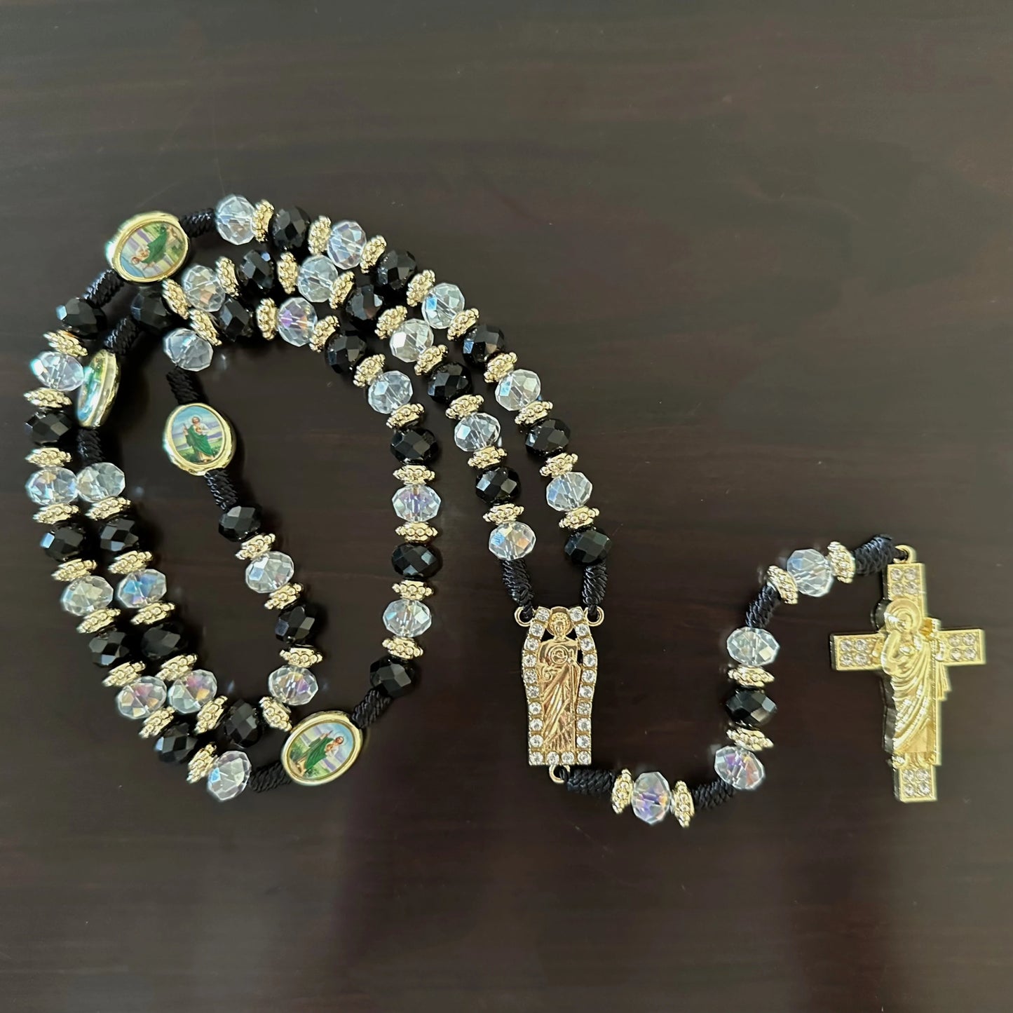 Rosário Verde de Cristal com Cruz e Medalha de Proteção