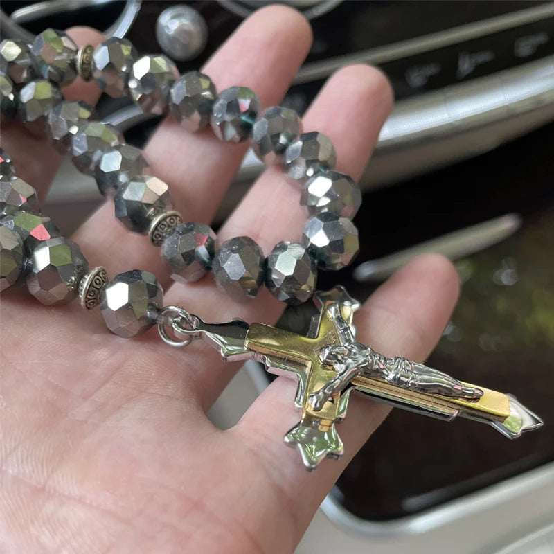 Cruz cristã jesus oração 33 contas rosário de aço inoxidável carro pednant pendurado