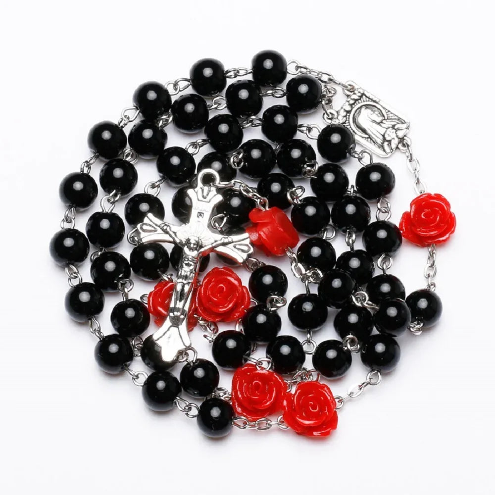 Colar de rosário rosa de 6mm para mulheres, corrente de contas de vidro rosa, crucifixo, cruz inri, pingente masculino, oração religiosa, joias longas