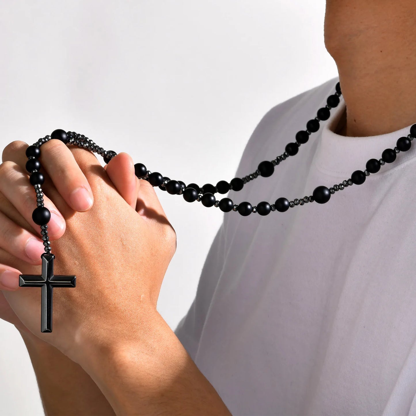 Terço de Colar Preto Hematita Vnox Unissex
