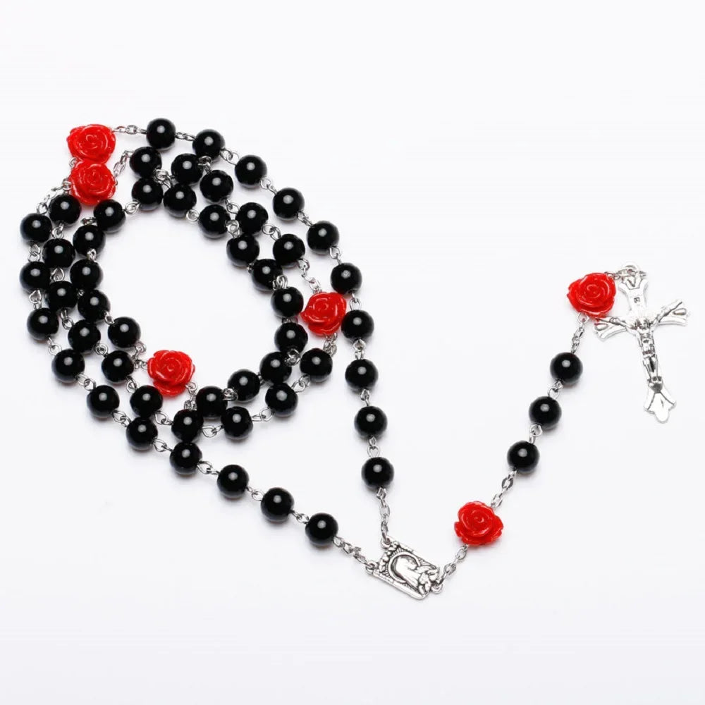 Colar de rosário rosa de 6mm para mulheres, corrente de contas de vidro rosa, crucifixo, cruz inri, pingente masculino, oração religiosa, joias longas