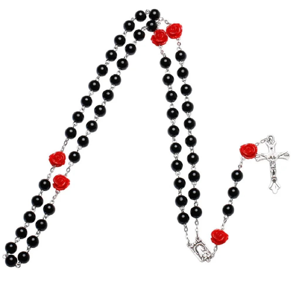 Colar de rosário rosa de 6mm para mulheres, corrente de contas de vidro rosa, crucifixo, cruz inri, pingente masculino, oração religiosa, joias longas