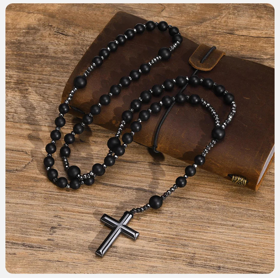 Terço de Colar Preto Hematita Vnox Unissex