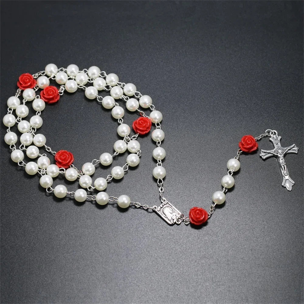 Colar de rosário rosa de 6mm para mulheres, corrente de contas de vidro rosa, crucifixo, cruz inri, pingente masculino, oração religiosa, joias longas