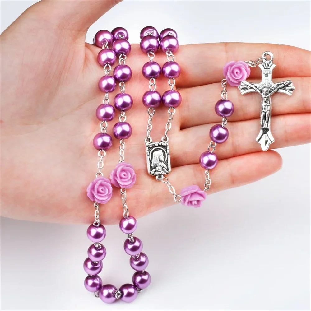 Colar de rosário rosa de 6mm para mulheres, corrente de contas de vidro rosa, crucifixo, cruz inri, pingente masculino, oração religiosa, joias longas