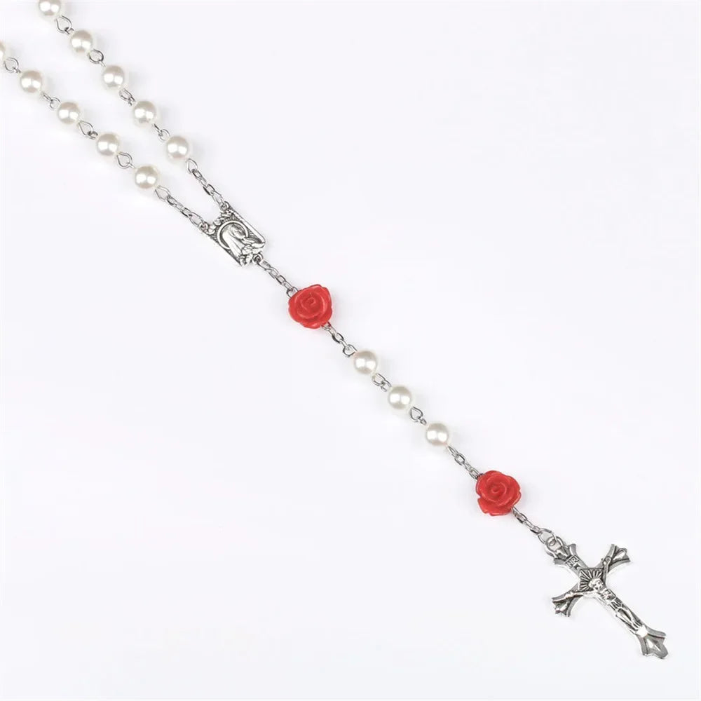 Colar de rosário rosa de 6mm para mulheres, corrente de contas de vidro rosa, crucifixo, cruz inri, pingente masculino, oração religiosa, joias longas