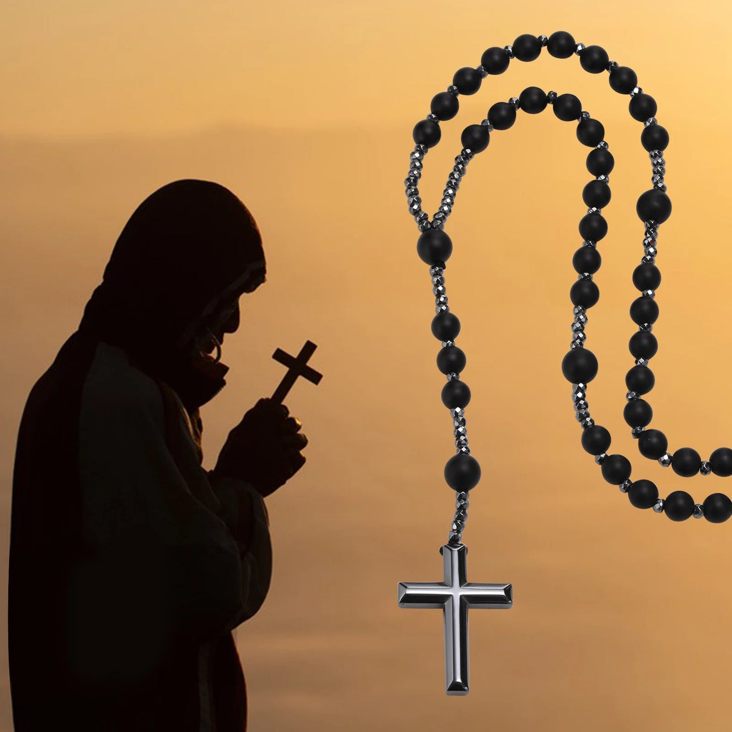 Terço de Colar Preto Hematita Vnox Unissex