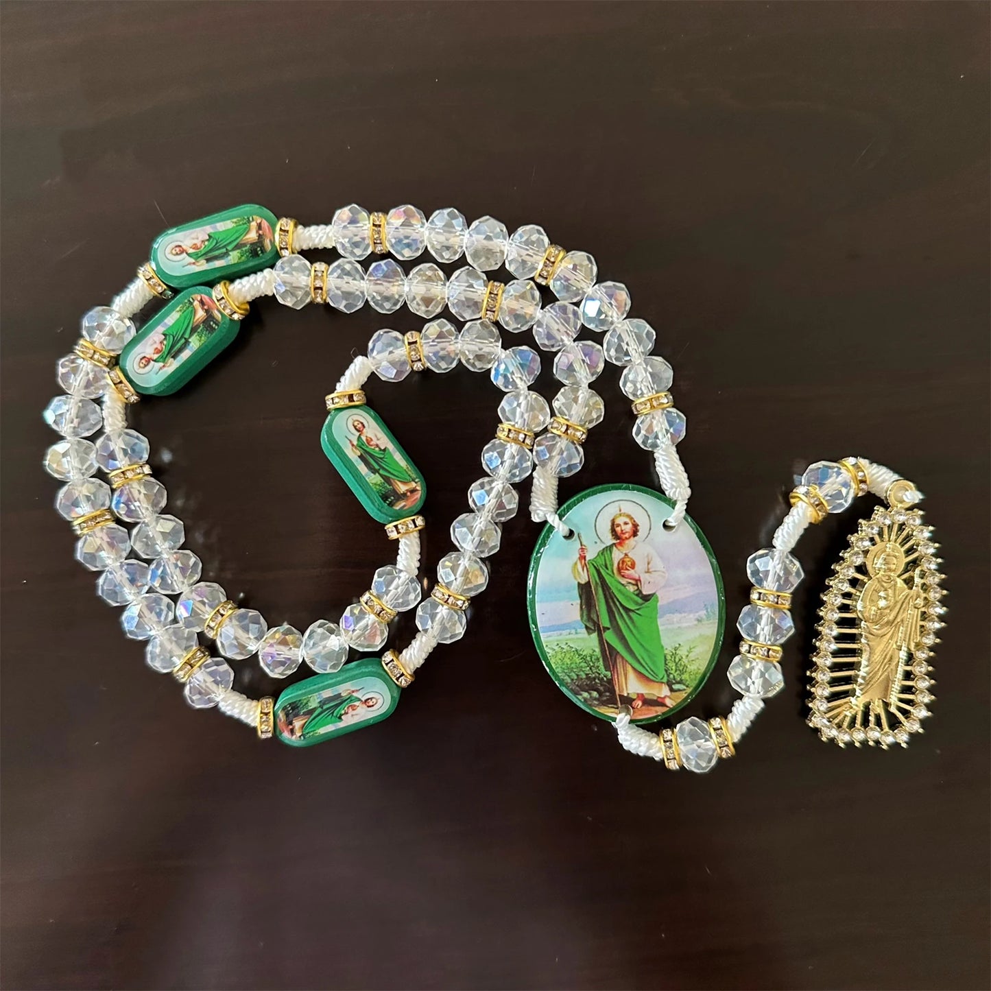 Rosário Verde de Cristal com Cruz e Medalha de Proteção