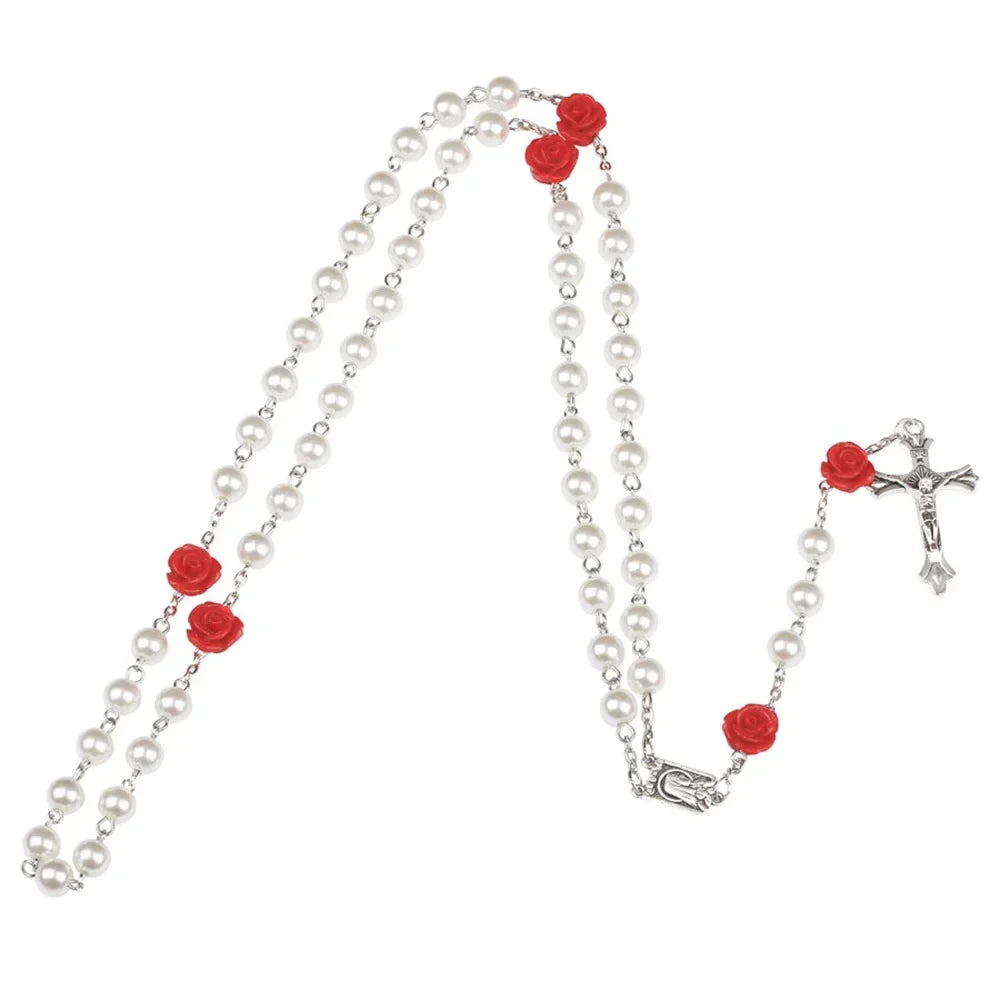 Colar de rosário rosa de 6mm para mulheres, corrente de contas de vidro rosa, crucifixo, cruz inri, pingente masculino, oração religiosa, joias longas