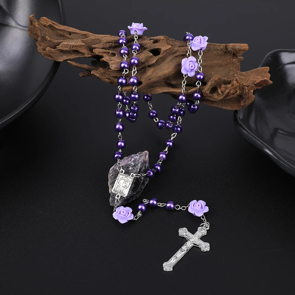 Rosário católico contas rosário colar cristão orando 6mm contas de pérola longa corrente y cruz pingente para mulheres religioso jóias
