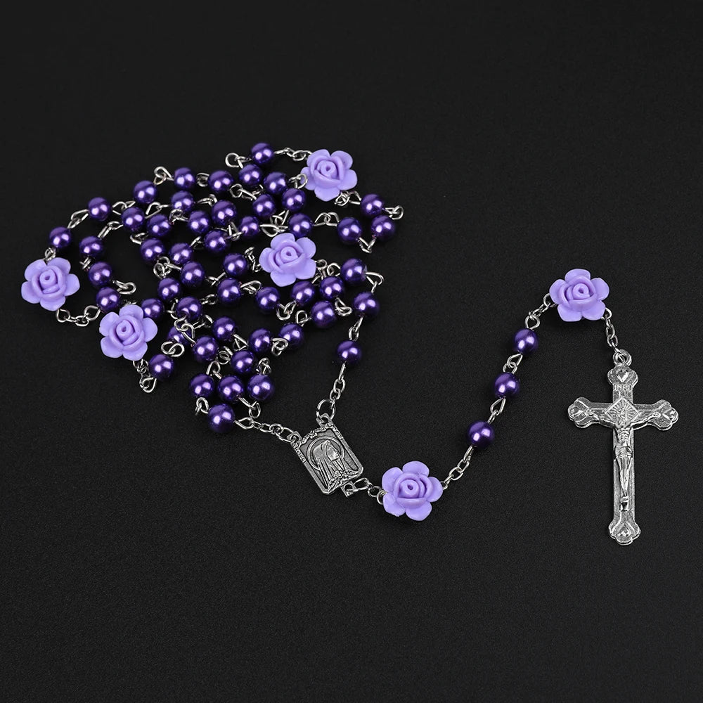 Rosário católico contas rosário colar cristão orando 6mm contas de pérola longa corrente y cruz pingente para mulheres religioso jóias