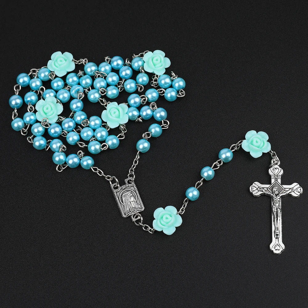 Rosário católico contas rosário colar cristão orando 6mm contas de pérola longa corrente y cruz pingente para mulheres religioso jóias