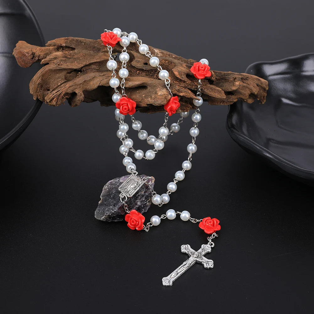 Rosário católico contas rosário colar cristão orando 6mm contas de pérola longa corrente y cruz pingente para mulheres religioso jóias