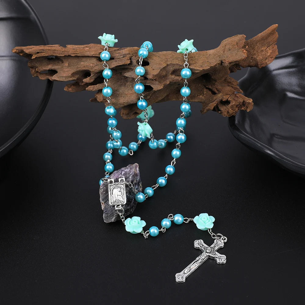 Rosário católico contas rosário colar cristão orando 6mm contas de pérola longa corrente y cruz pingente para mulheres religioso jóias
