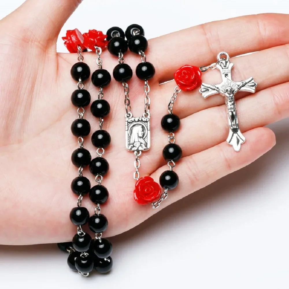 Colar de rosário rosa de 6mm para mulheres, corrente de contas de vidro rosa, crucifixo, cruz inri, pingente masculino, oração religiosa, joias longas