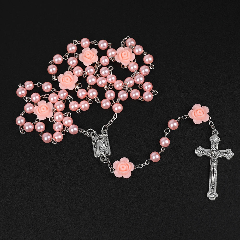 Rosário católico contas rosário colar cristão orando 6mm contas de pérola longa corrente y cruz pingente para mulheres religioso jóias