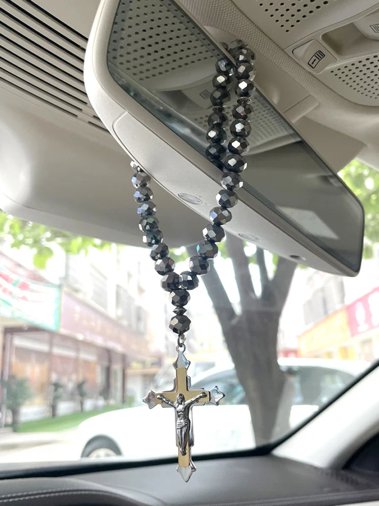 Cruz cristã jesus oração 33 contas rosário de aço inoxidável carro pednant pendurado