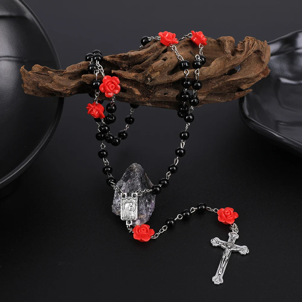Rosário católico contas rosário colar cristão orando 6mm contas de pérola longa corrente y cruz pingente para mulheres religioso jóias