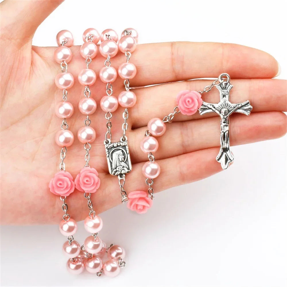 Colar de rosário rosa de 6mm para mulheres, corrente de contas de vidro rosa, crucifixo, cruz inri, pingente masculino, oração religiosa, joias longas