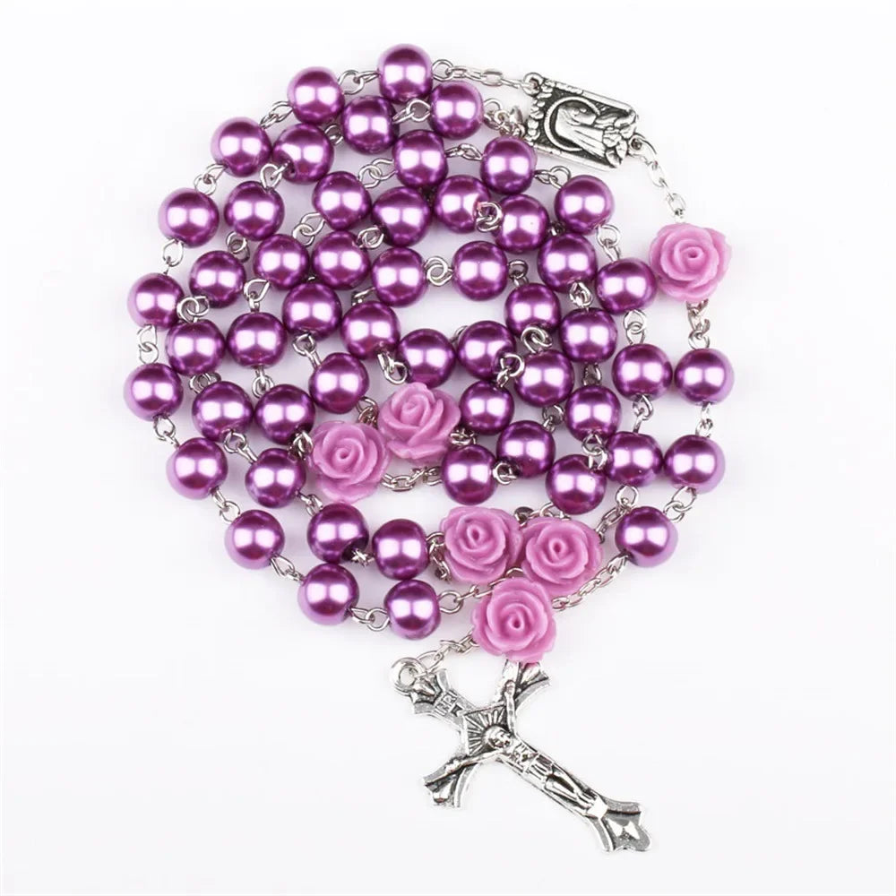 Colar de rosário rosa de 6mm para mulheres, corrente de contas de vidro rosa, crucifixo, cruz inri, pingente masculino, oração religiosa, joias longas