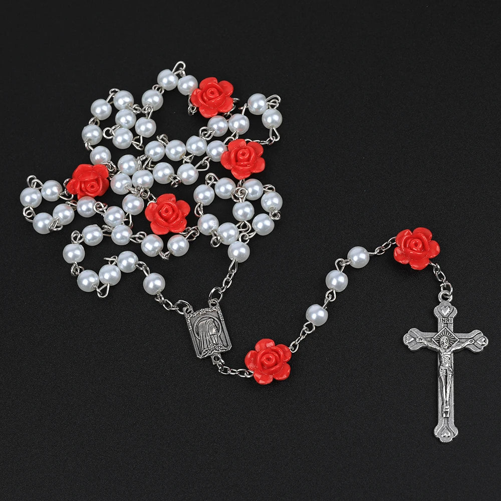 Rosário católico contas rosário colar cristão orando 6mm contas de pérola longa corrente y cruz pingente para mulheres religioso jóias