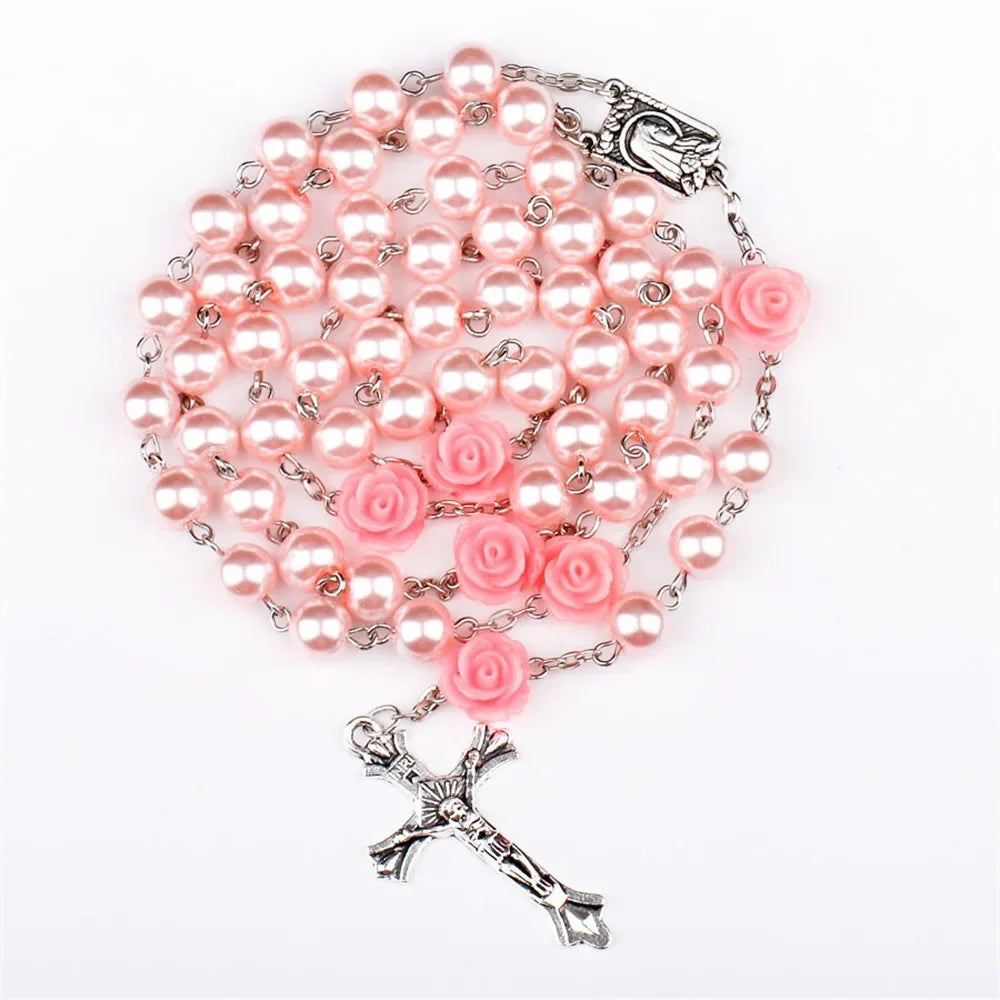 Colar de rosário rosa de 6mm para mulheres, corrente de contas de vidro rosa, crucifixo, cruz inri, pingente masculino, oração religiosa, joias longas