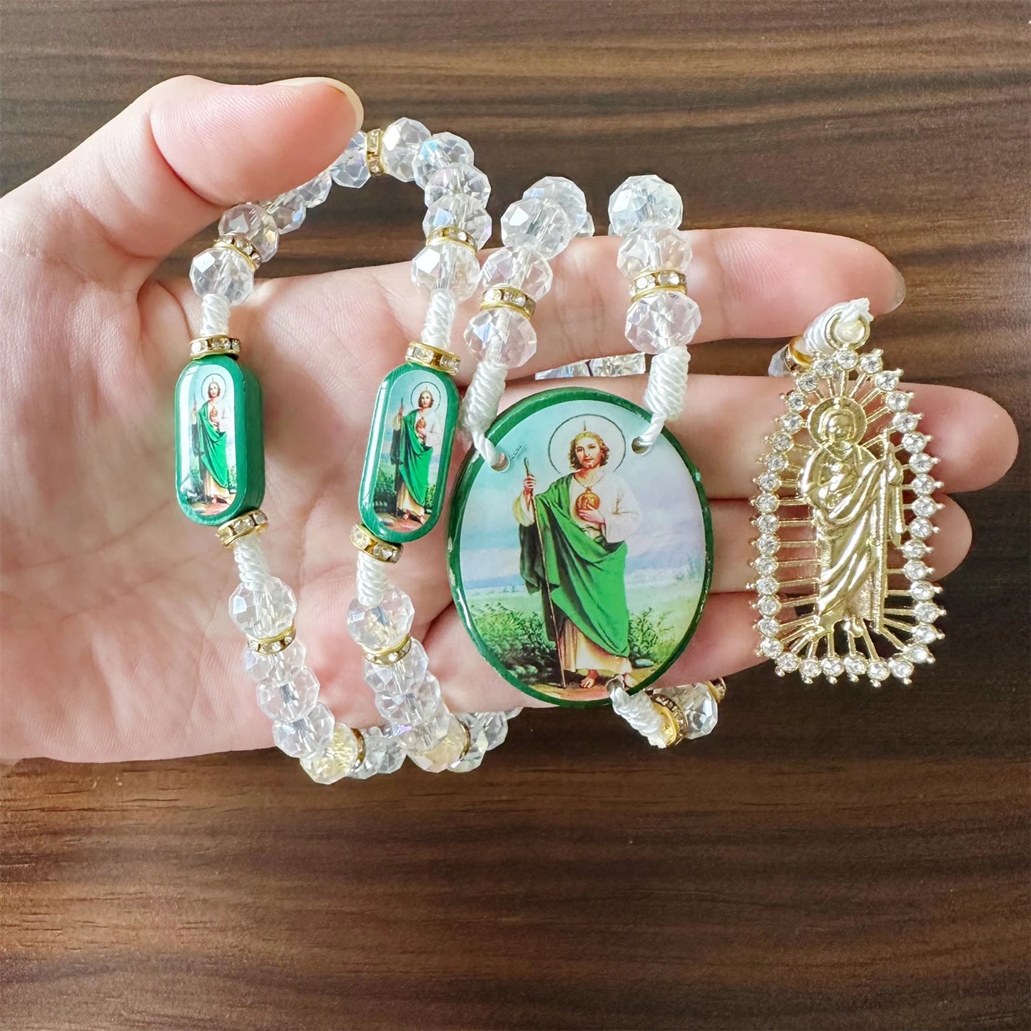 Rosário Verde de Cristal com Cruz e Medalha de Proteção