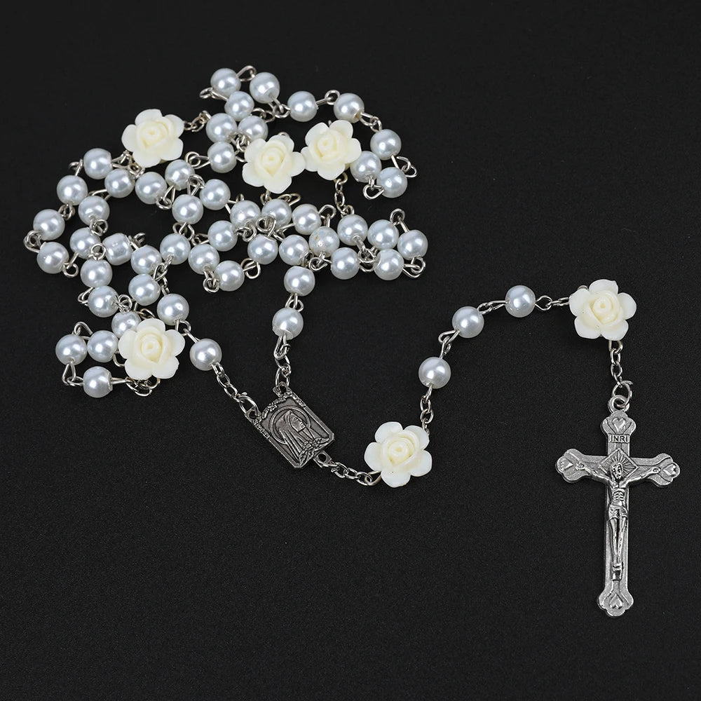 Rosário católico contas rosário colar cristão orando 6mm contas de pérola longa corrente y cruz pingente para mulheres religioso jóias