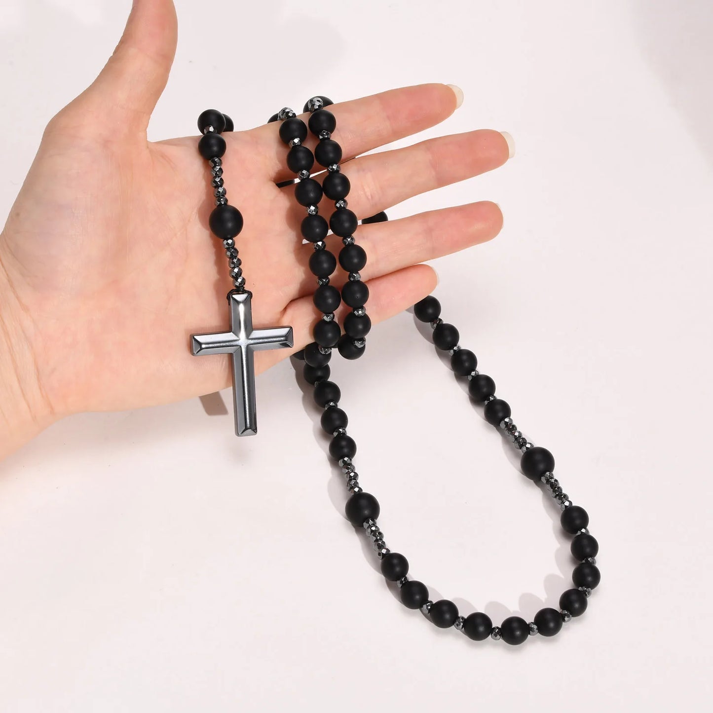 Terço de Colar Preto Hematita Vnox Unissex