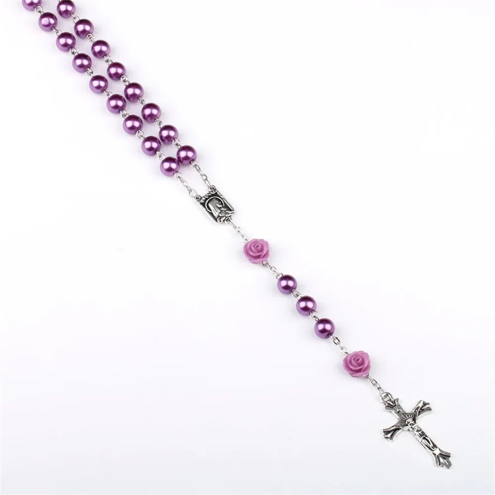 Colar de rosário rosa de 6mm para mulheres, corrente de contas de vidro rosa, crucifixo, cruz inri, pingente masculino, oração religiosa, joias longas