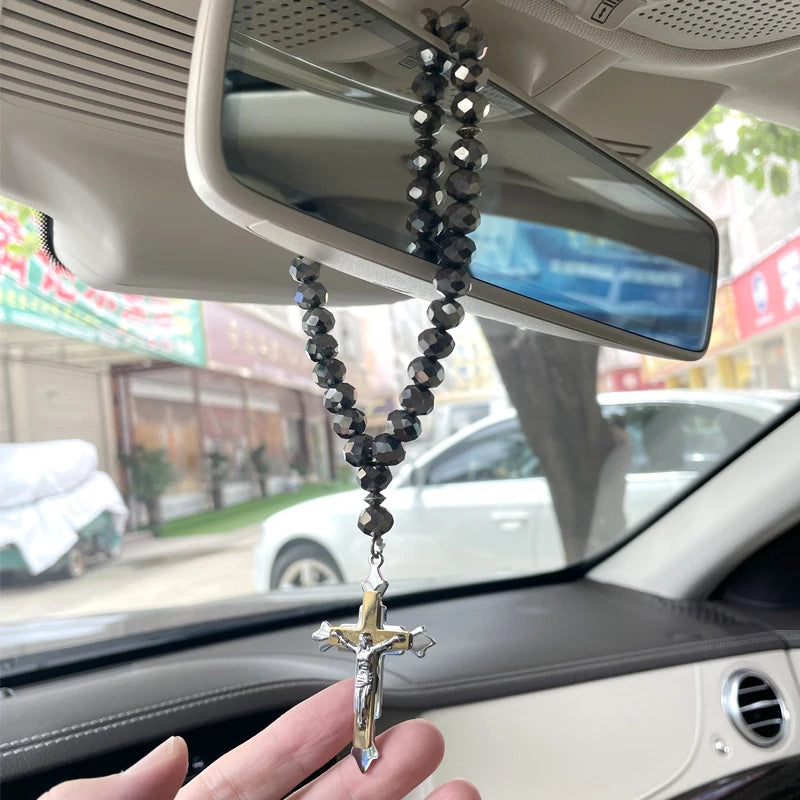 Cruz cristã jesus oração 33 contas rosário de aço inoxidável carro pednant pendurado