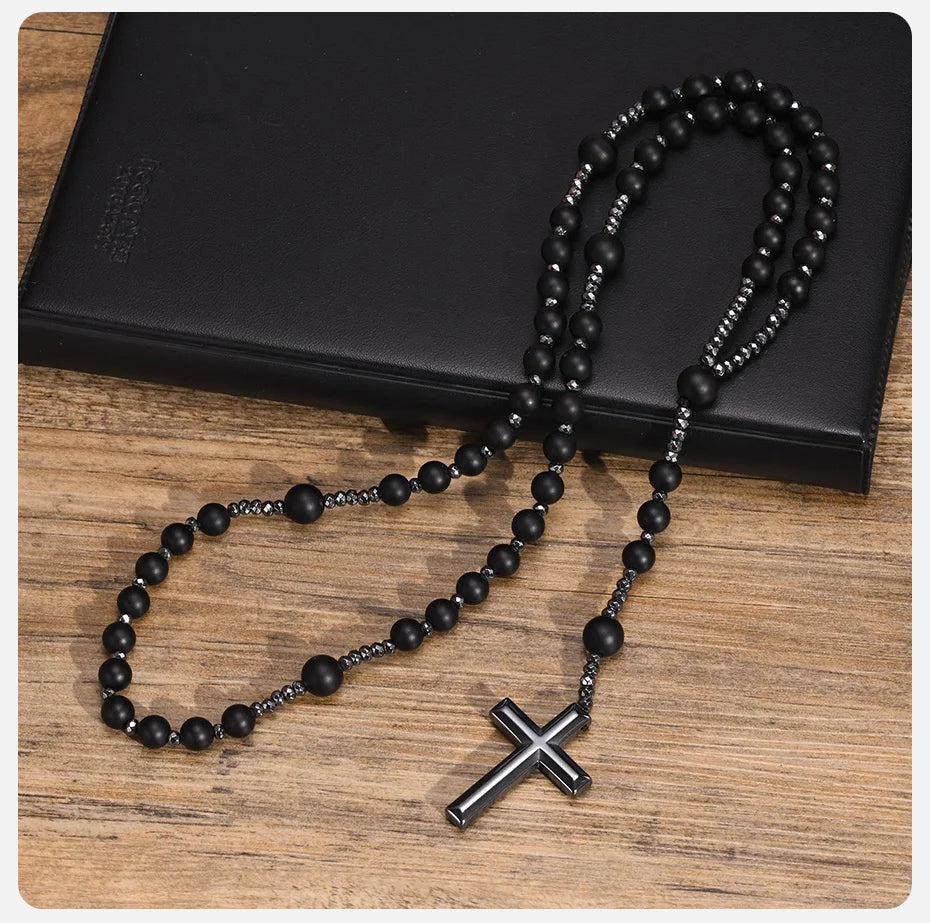 Terço de Colar Preto Hematita Vnox Unissex