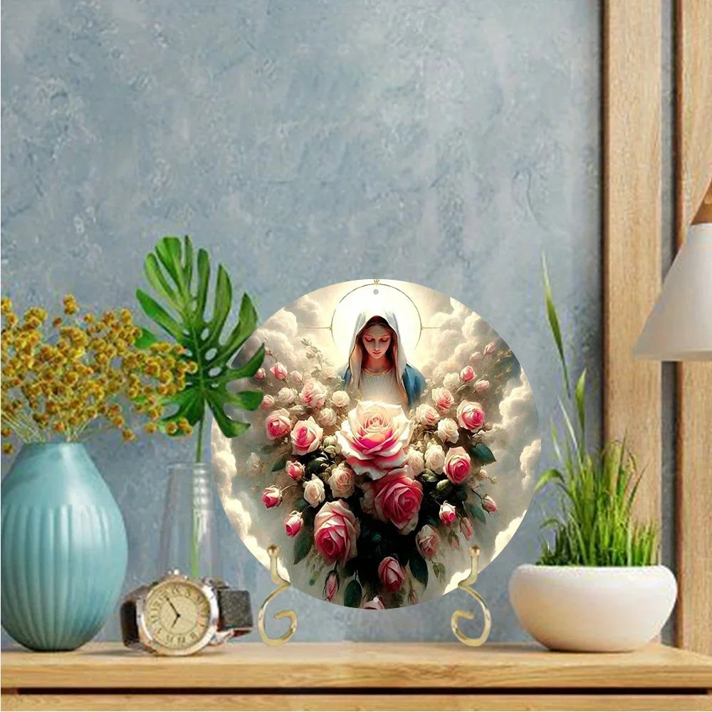 Placa Virgem Maria com Flores e Proteção Divina