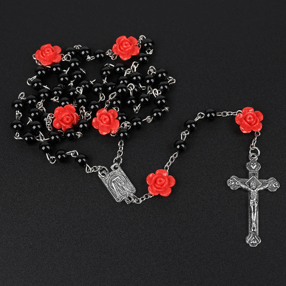 Rosário católico contas rosário colar cristão orando 6mm contas de pérola longa corrente y cruz pingente para mulheres religioso jóias