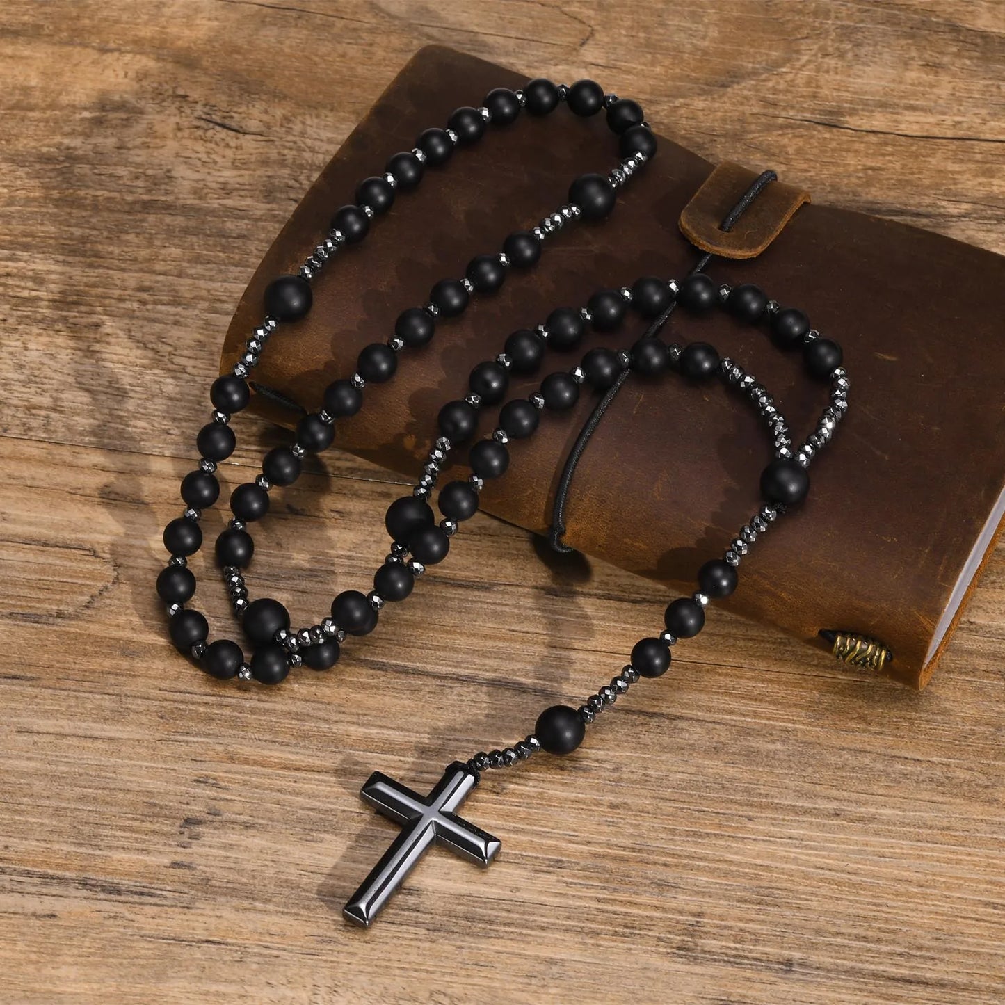 Terço de Colar Preto Hematita Vnox Unissex