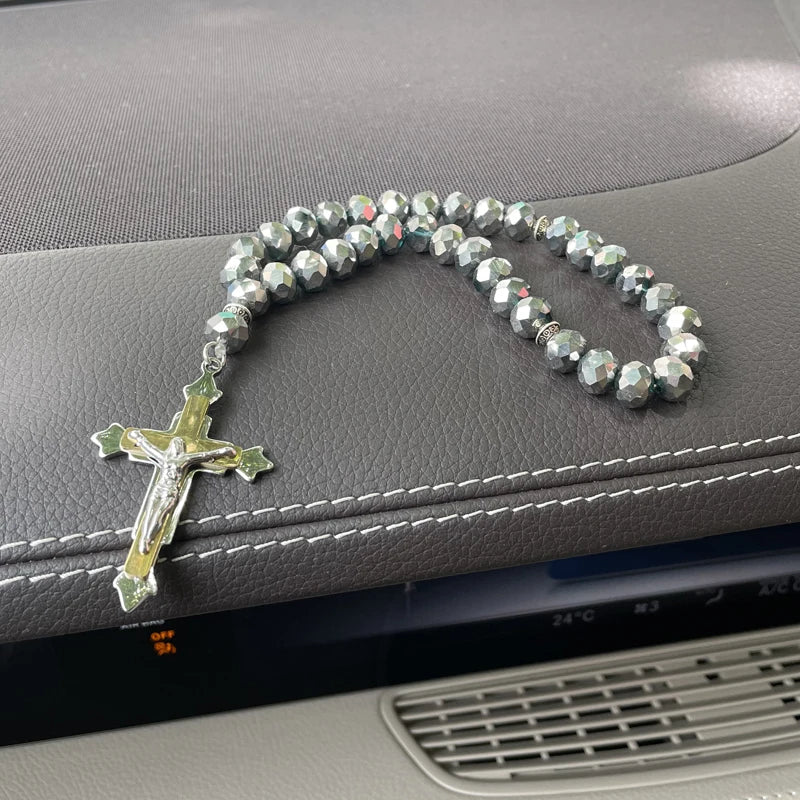 Cruz cristã jesus oração 33 contas rosário de aço inoxidável carro pednant pendurado