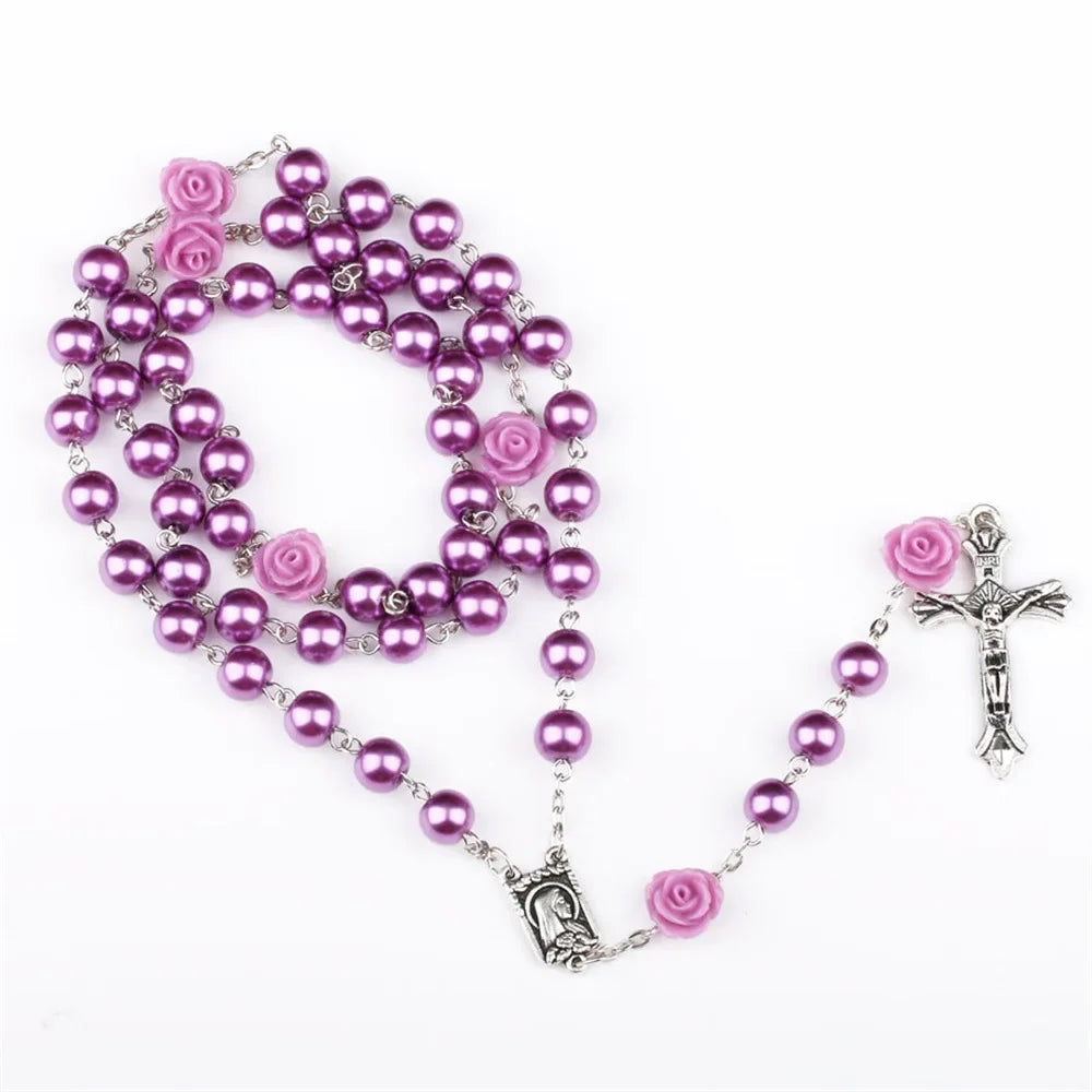 Colar de rosário rosa de 6mm para mulheres, corrente de contas de vidro rosa, crucifixo, cruz inri, pingente masculino, oração religiosa, joias longas