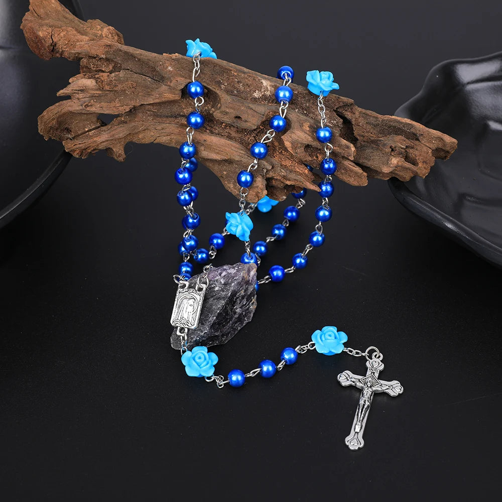 Rosário católico contas rosário colar cristão orando 6mm contas de pérola longa corrente y cruz pingente para mulheres religioso jóias