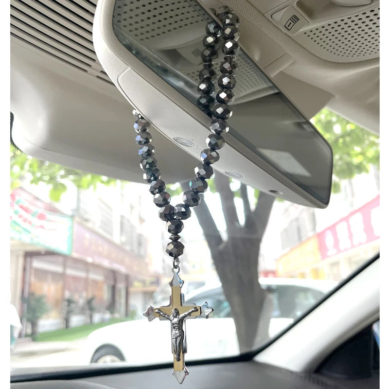 Cruz cristã jesus oração 33 contas rosário de aço inoxidável carro pednant pendurado