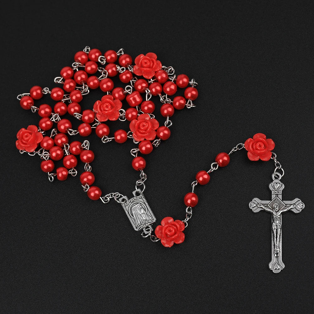 Rosário católico contas rosário colar cristão orando 6mm contas de pérola longa corrente y cruz pingente para mulheres religioso jóias