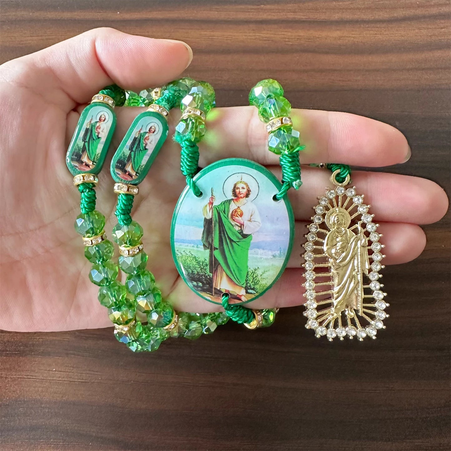 Rosário Verde de Cristal com Cruz e Medalha de Proteção