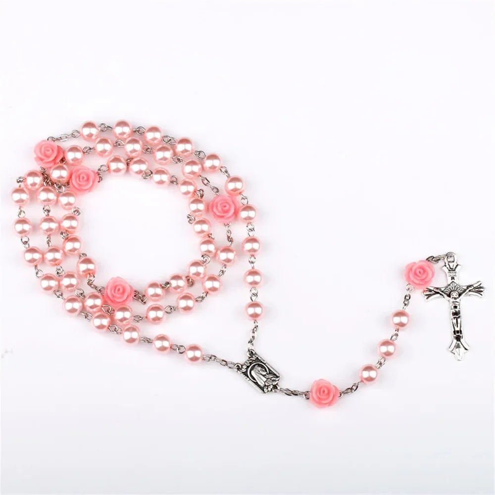 Colar de rosário rosa de 6mm para mulheres, corrente de contas de vidro rosa, crucifixo, cruz inri, pingente masculino, oração religiosa, joias longas