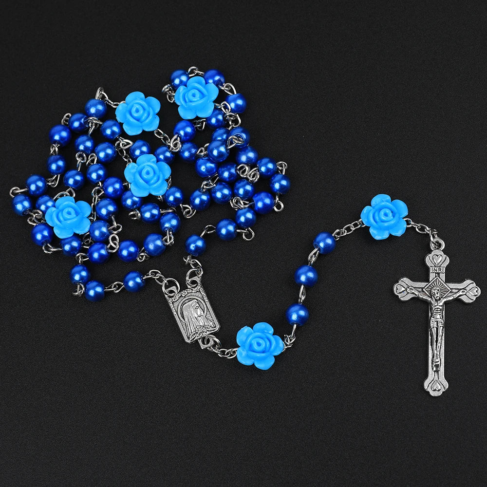 Rosário católico contas rosário colar cristão orando 6mm contas de pérola longa corrente y cruz pingente para mulheres religioso jóias