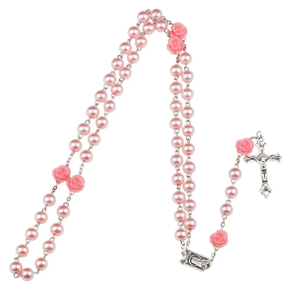 Colar de rosário rosa de 6mm para mulheres, corrente de contas de vidro rosa, crucifixo, cruz inri, pingente masculino, oração religiosa, joias longas