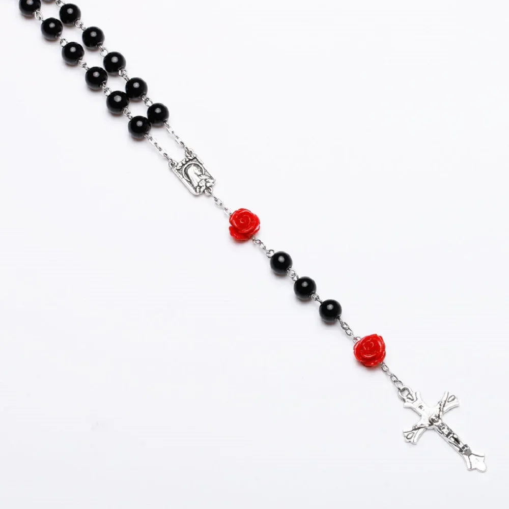 Colar de rosário rosa de 6mm para mulheres, corrente de contas de vidro rosa, crucifixo, cruz inri, pingente masculino, oração religiosa, joias longas