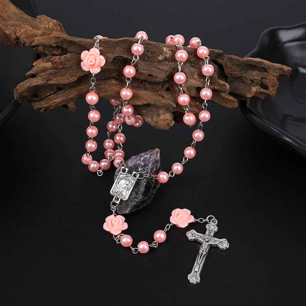 Rosário católico contas rosário colar cristão orando 6mm contas de pérola longa corrente y cruz pingente para mulheres religioso jóias