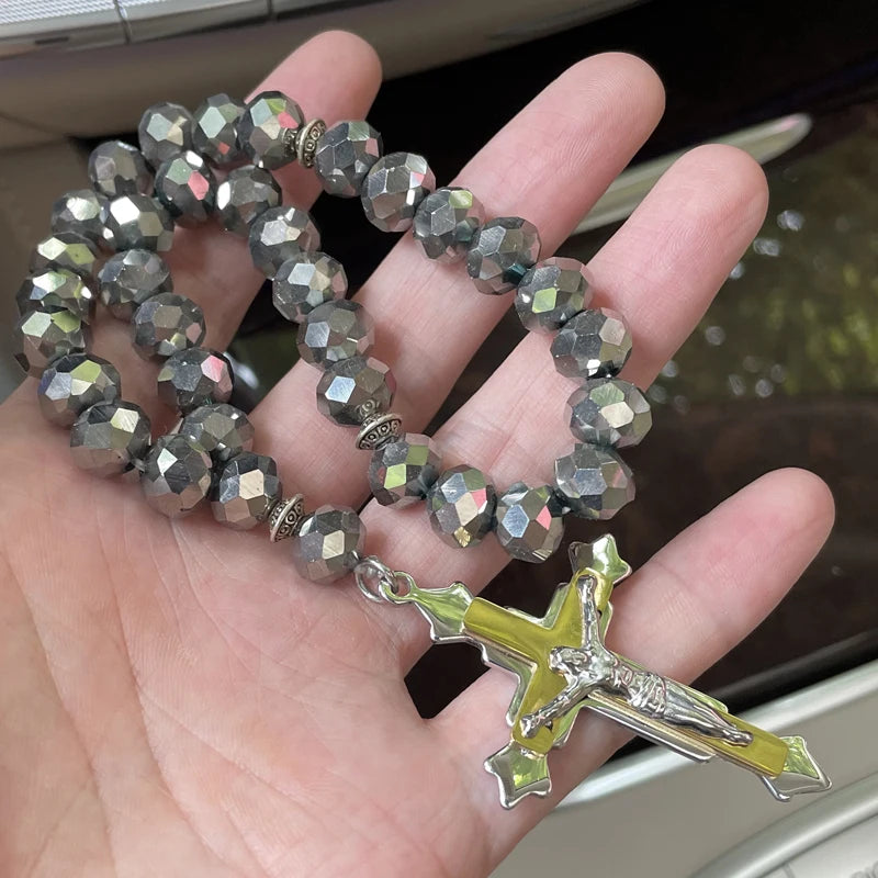 Cruz cristã jesus oração 33 contas rosário de aço inoxidável carro pednant pendurado