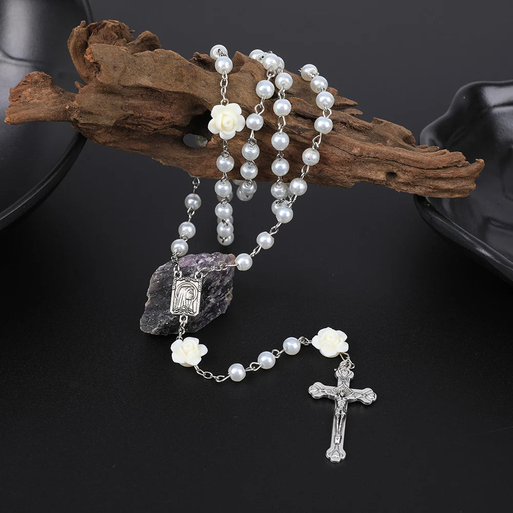 Rosário católico contas rosário colar cristão orando 6mm contas de pérola longa corrente y cruz pingente para mulheres religioso jóias